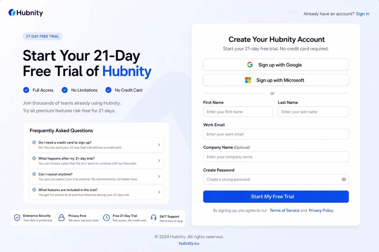Sign up and trial screenshot