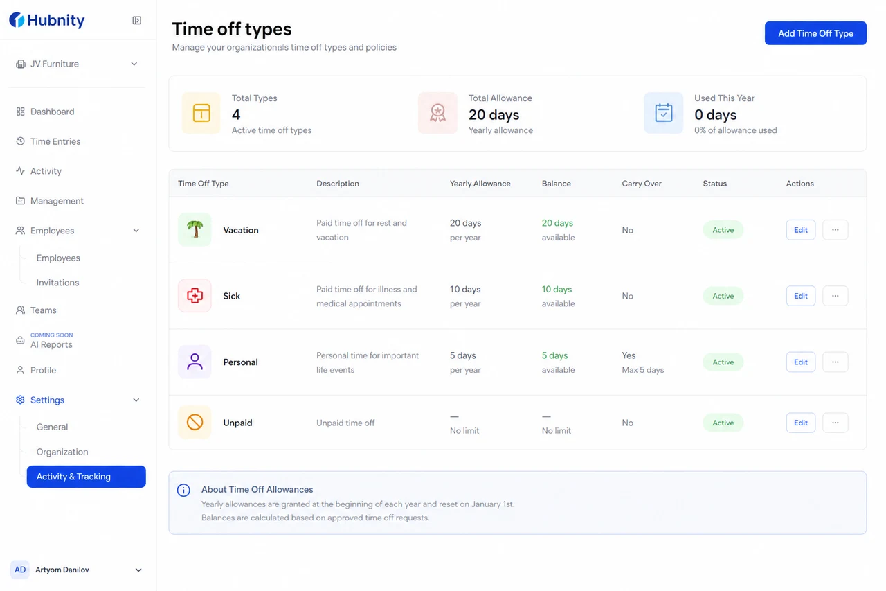 Time-off types screenshot