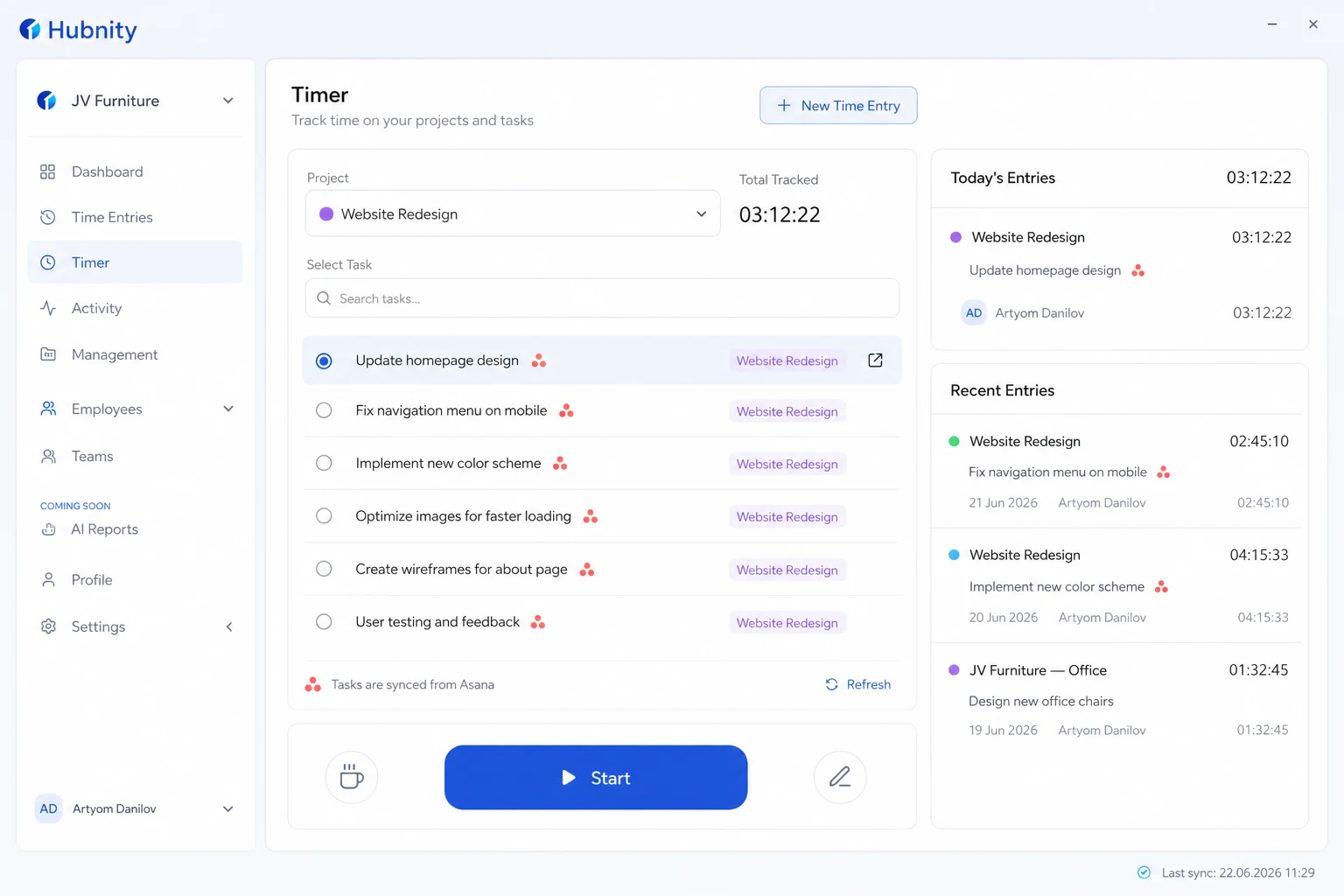 Tracking time on Asana tasks screenshot