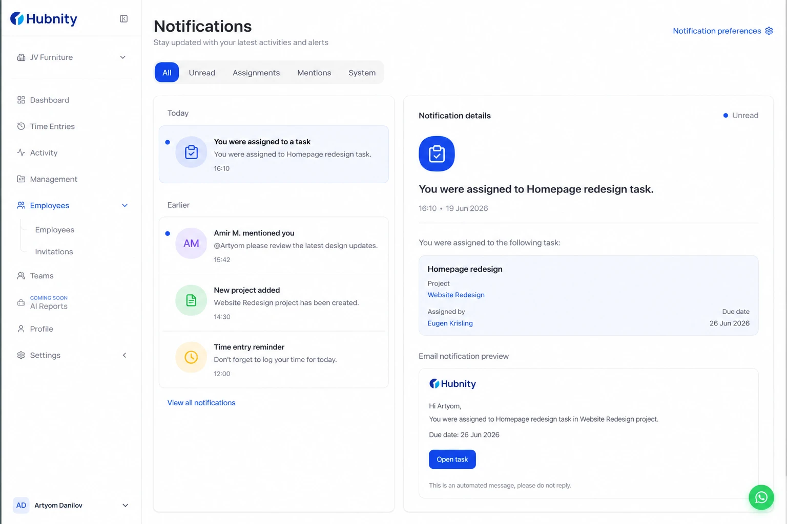 Assignment notifications screenshot