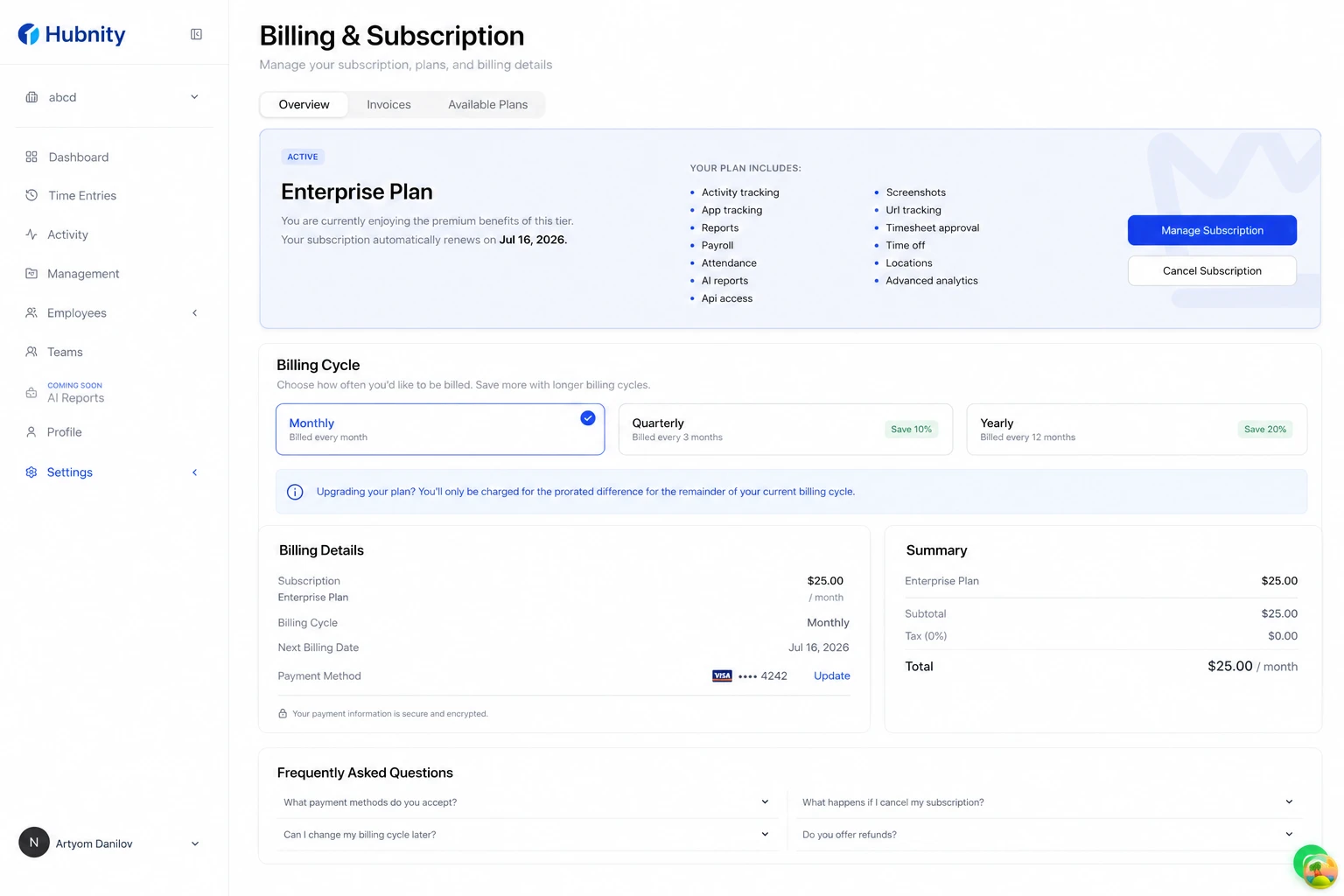 Billing cycles screenshot