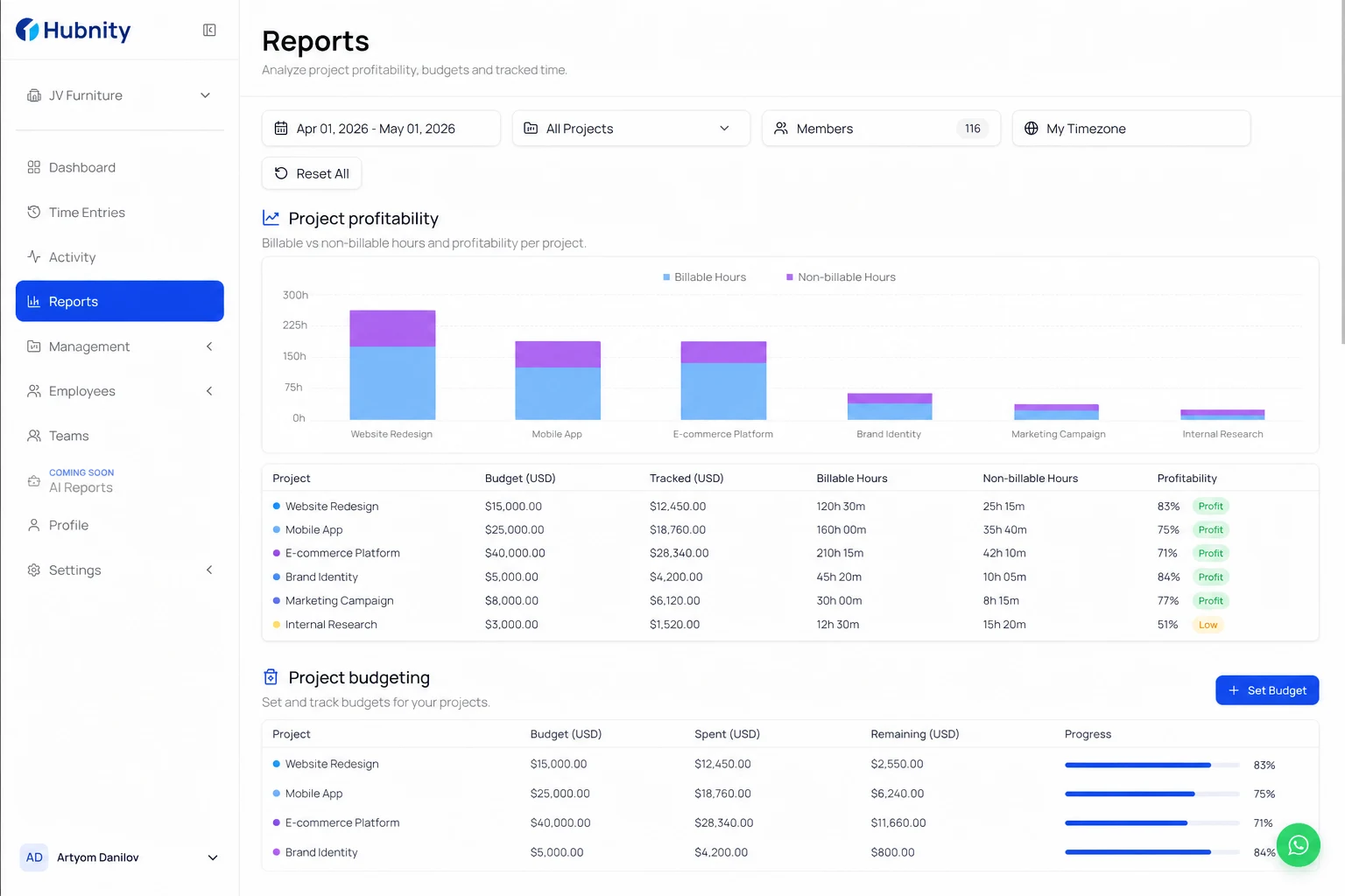 Project budgeting and profitability screenshot