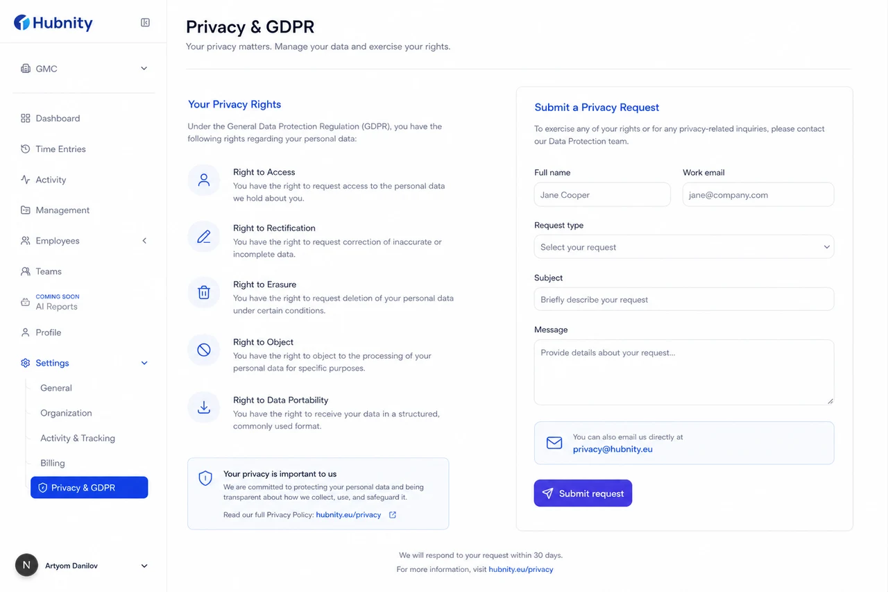 GDPR and privacy requests screenshot