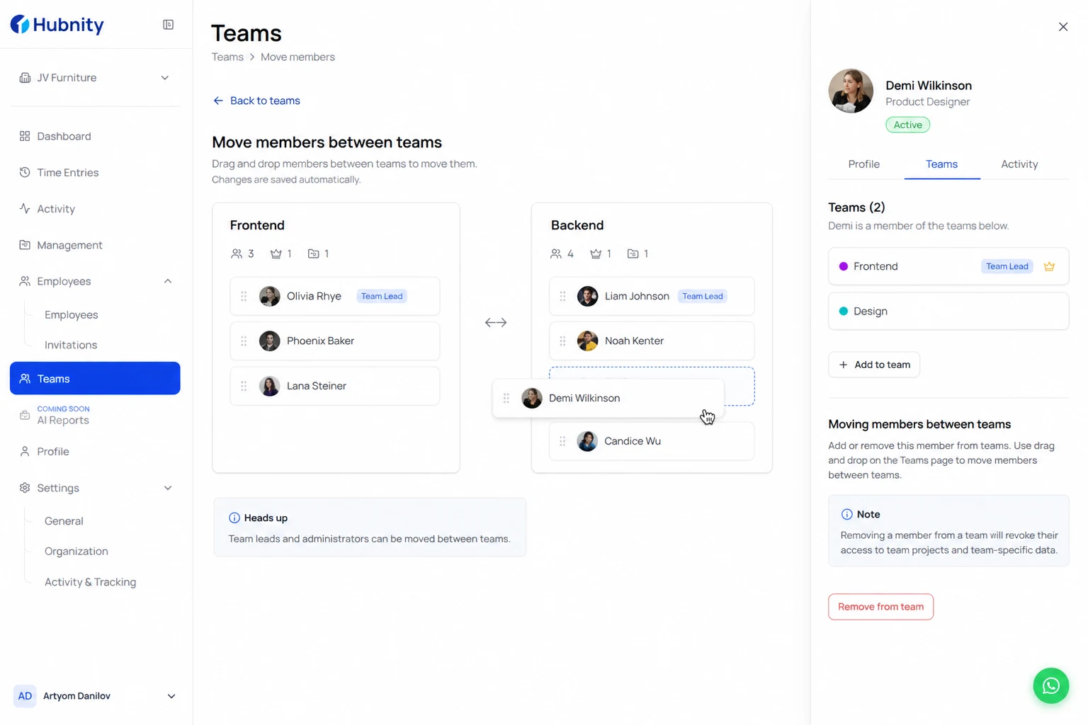 Moving members between teams screenshot