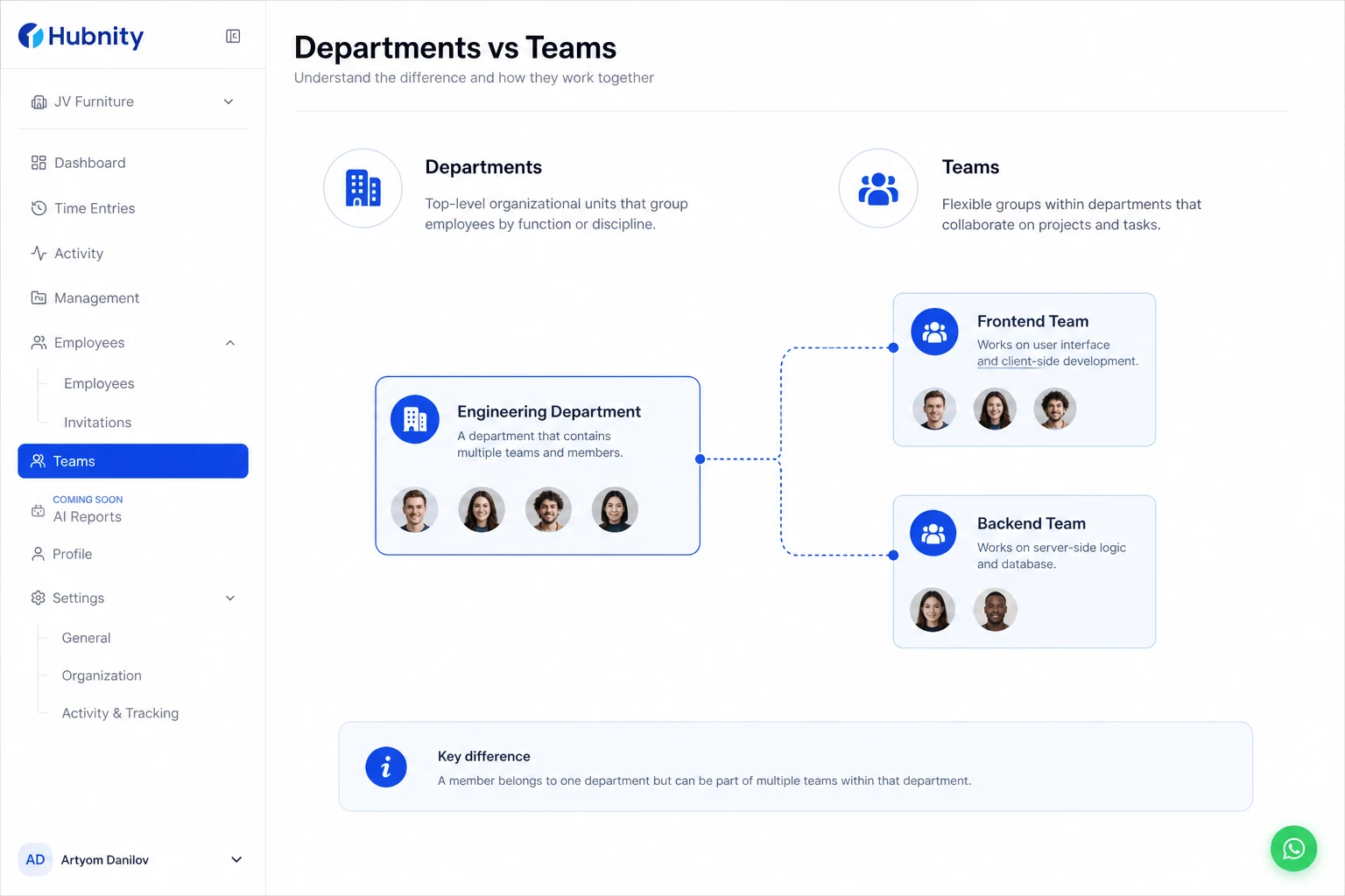 Departments vs teams screenshot