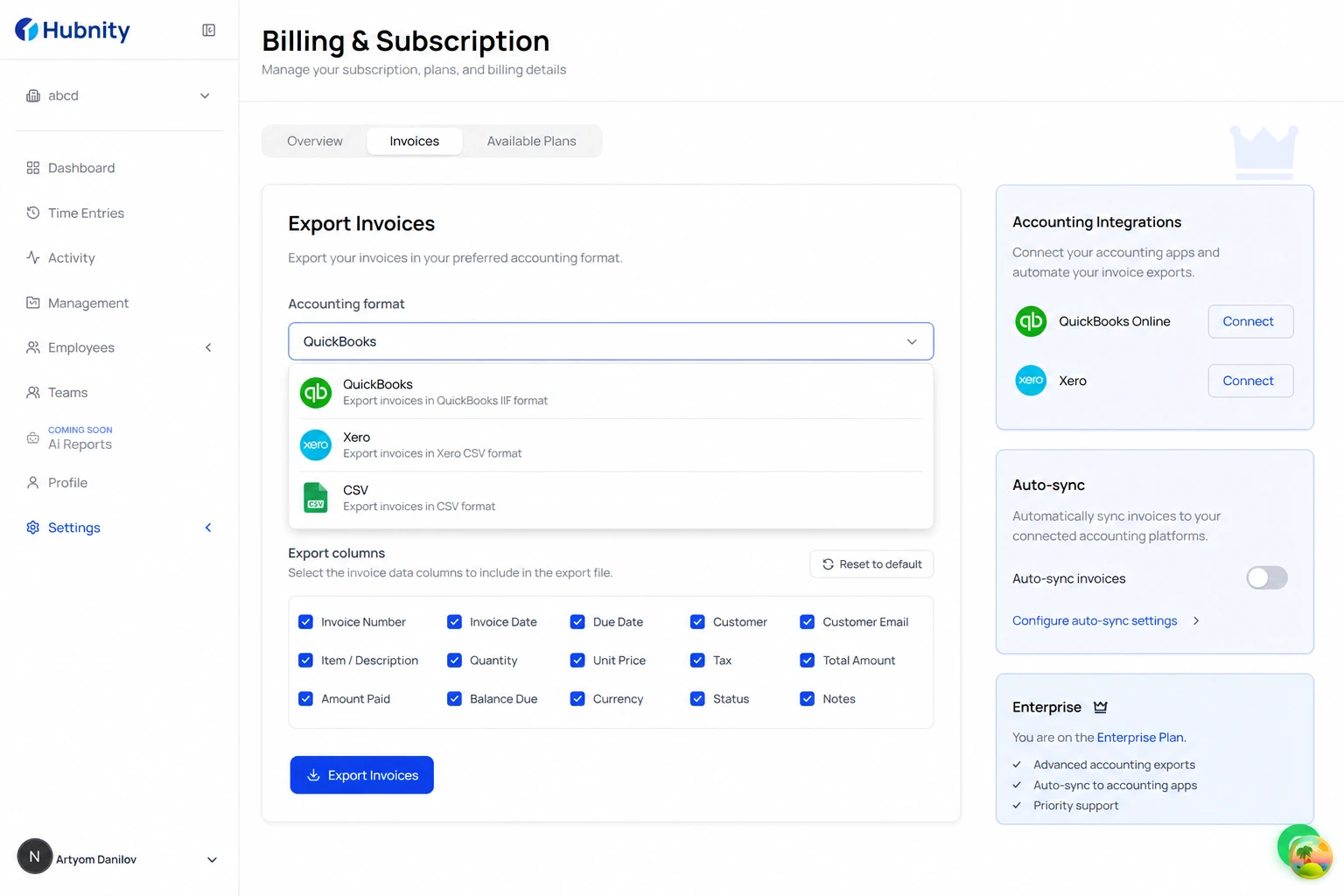 Accounting integration screenshot