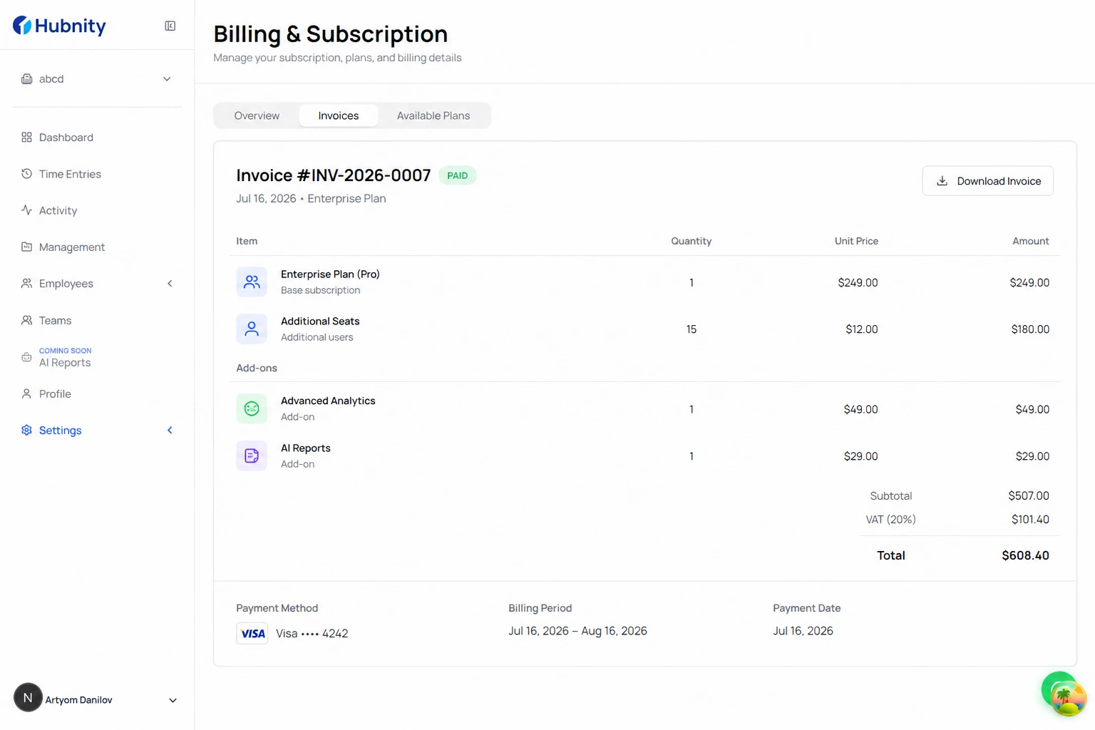 Invoice contents screenshot