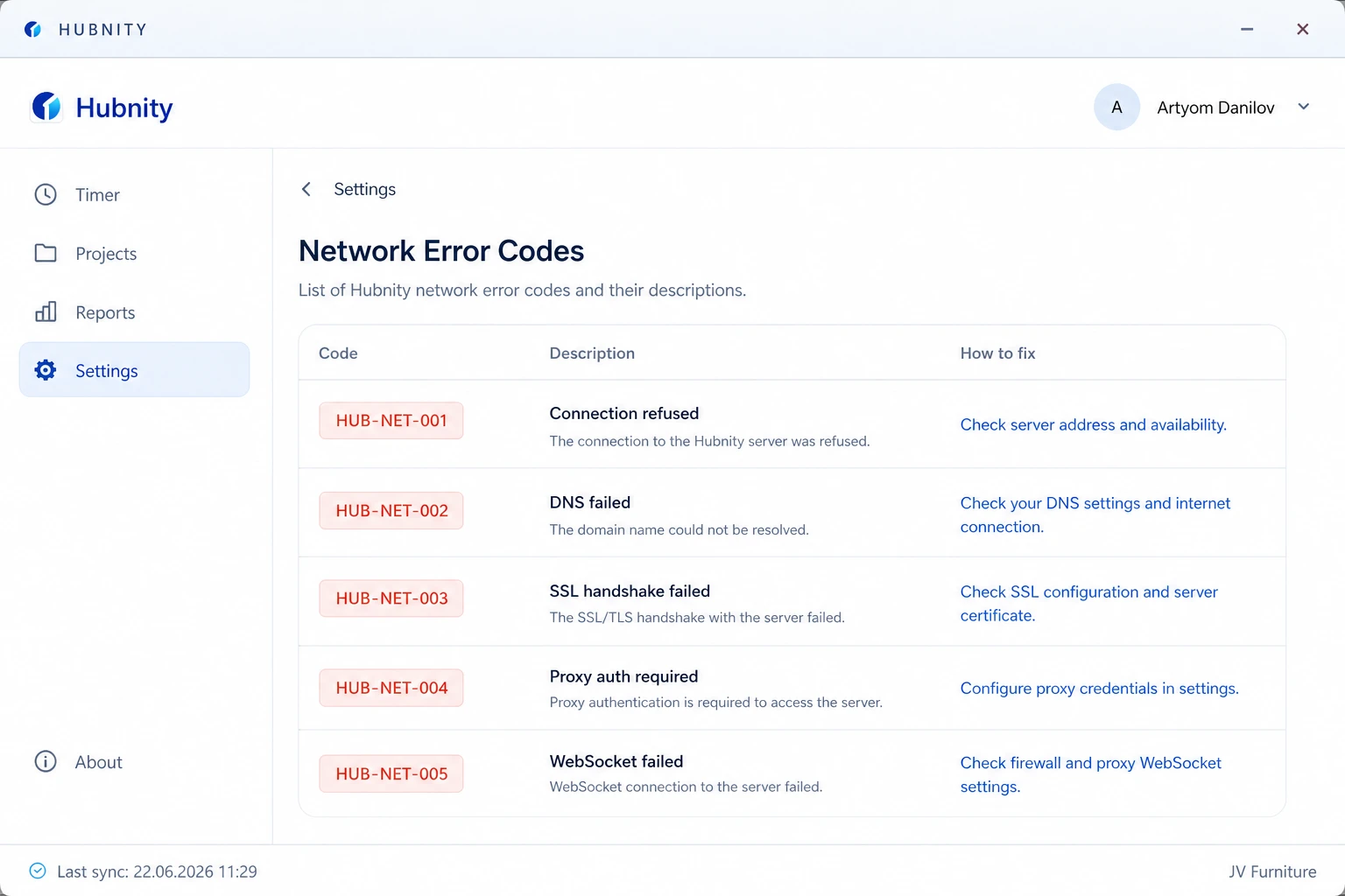 Error codes screenshot