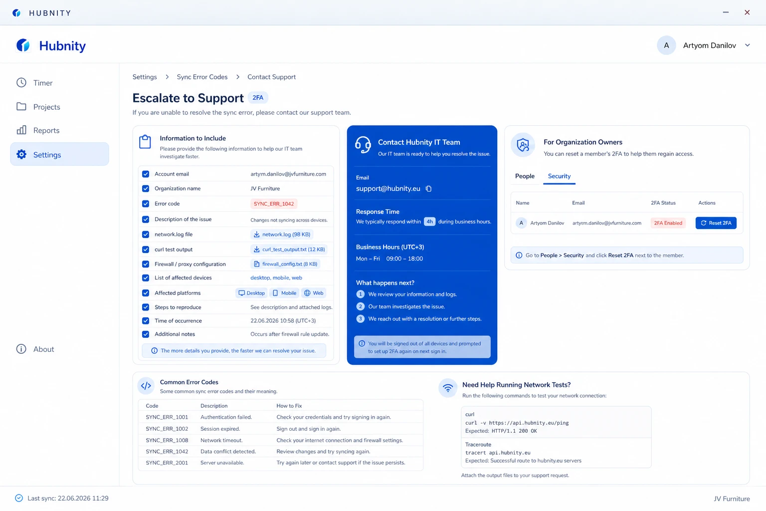 Escalation to support screenshot