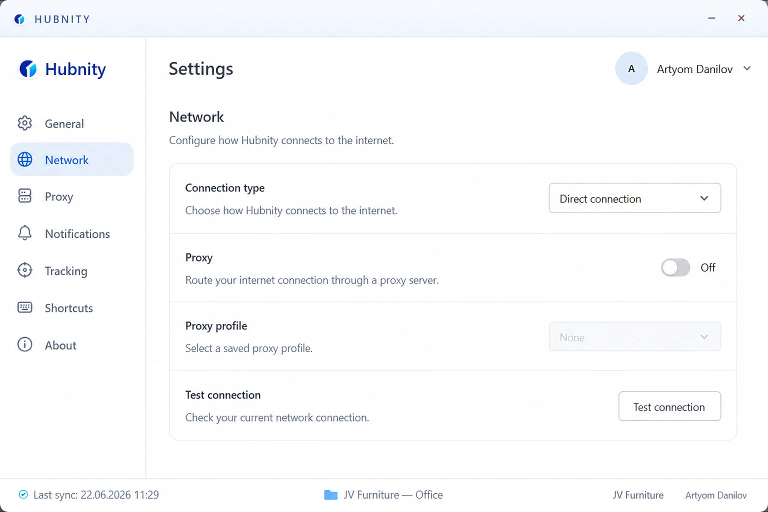 Configure proxy in Hubnity desktop screenshot