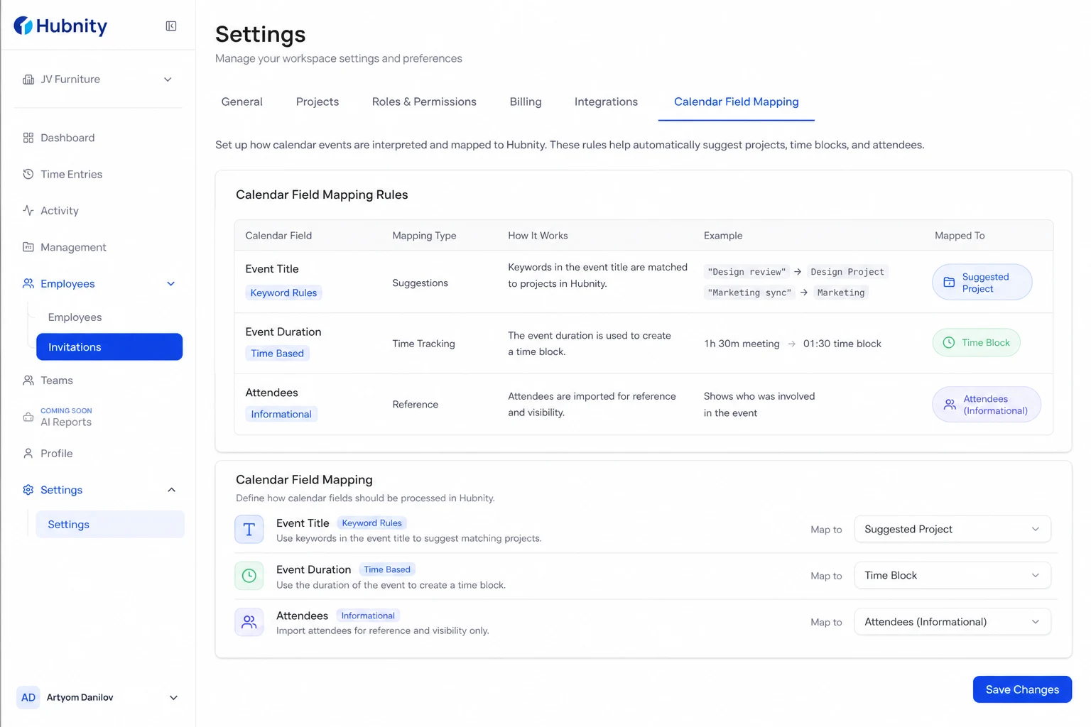 Calendar field mapping screenshot