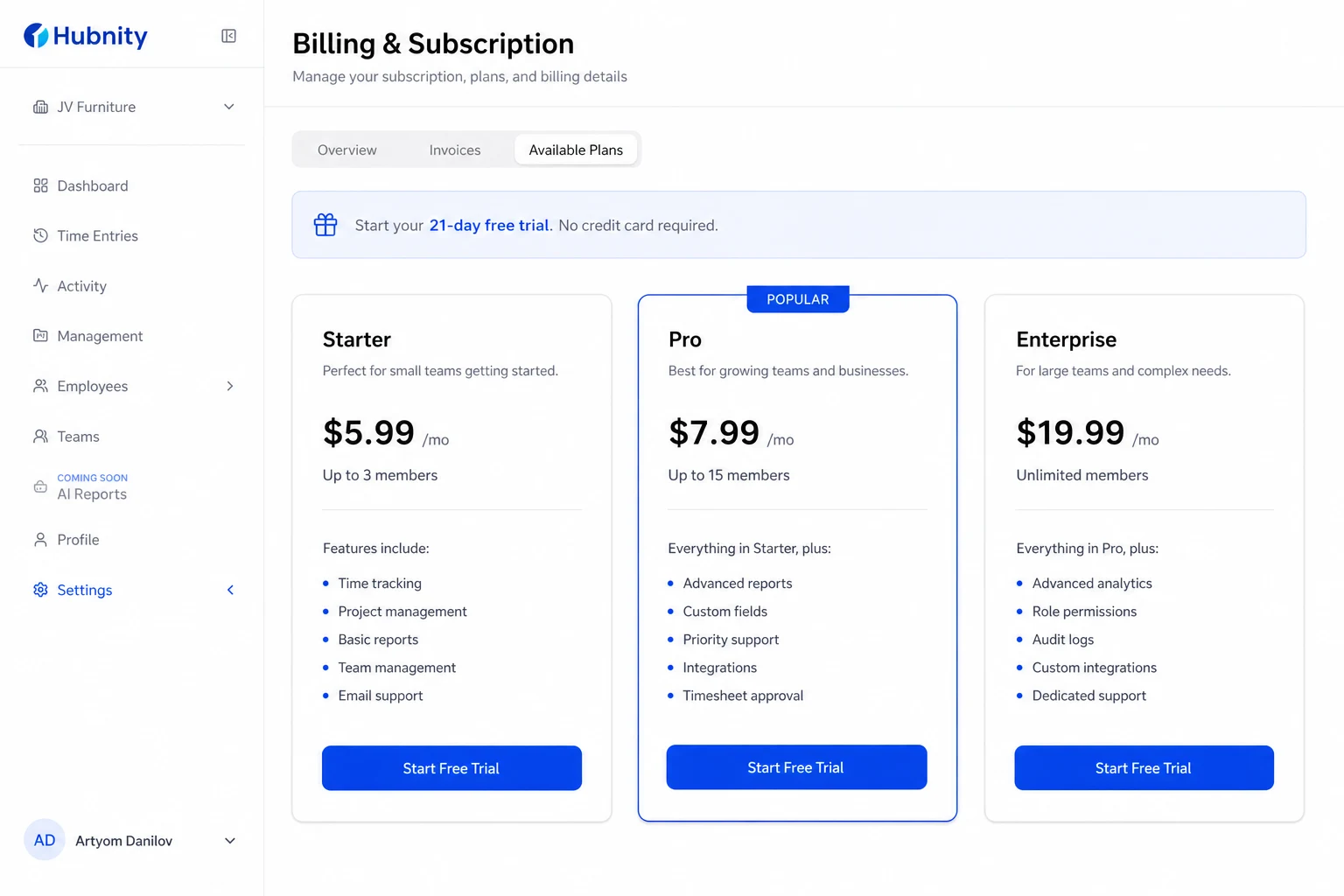 Pricing on hubnity.eu screenshot
