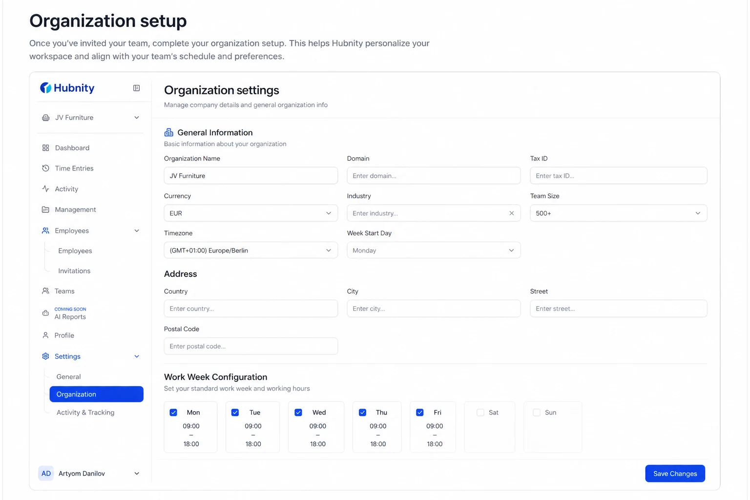 After organization setup screenshot