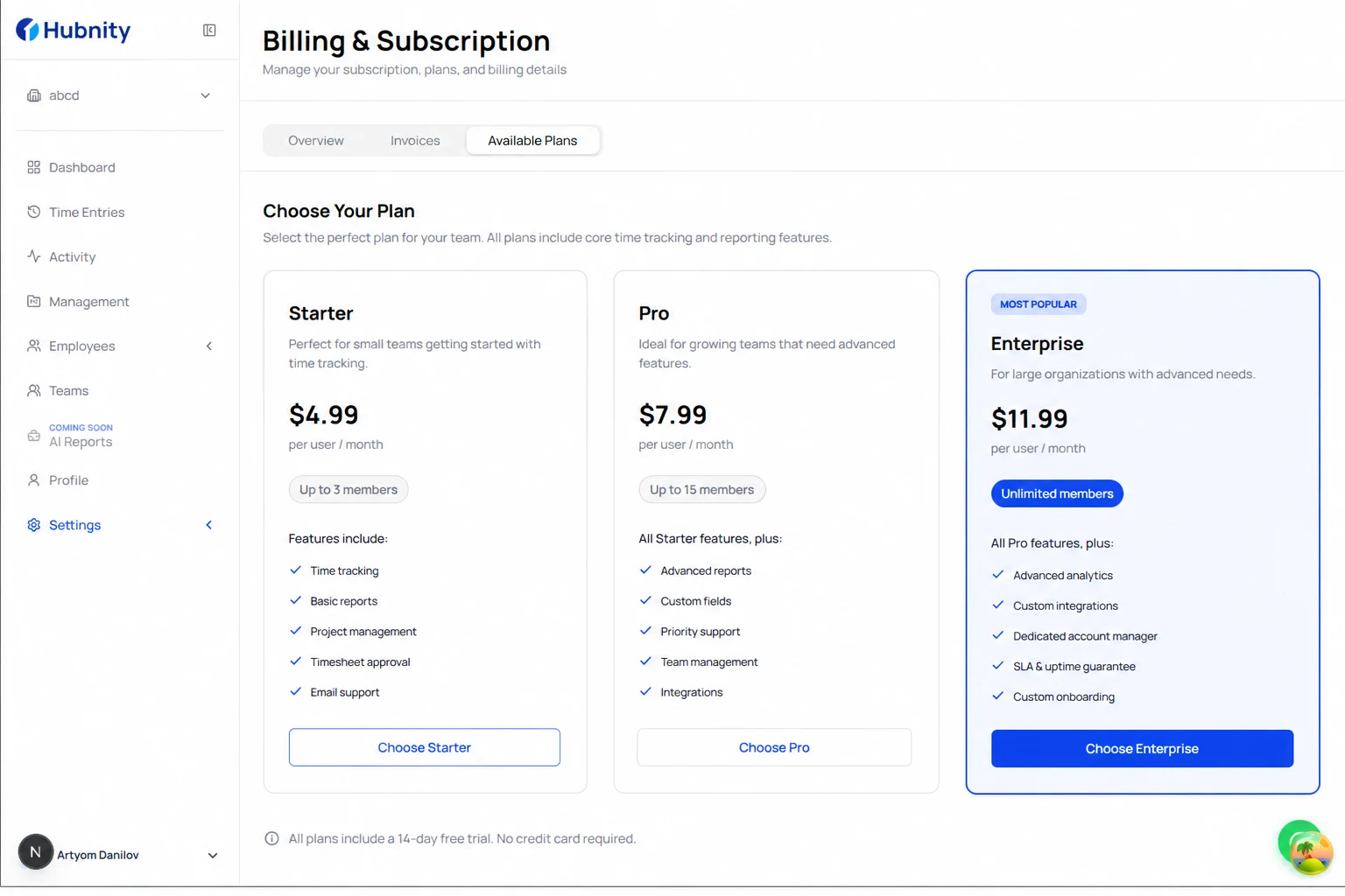 Seat limits from hubnity.eu pricing screenshot