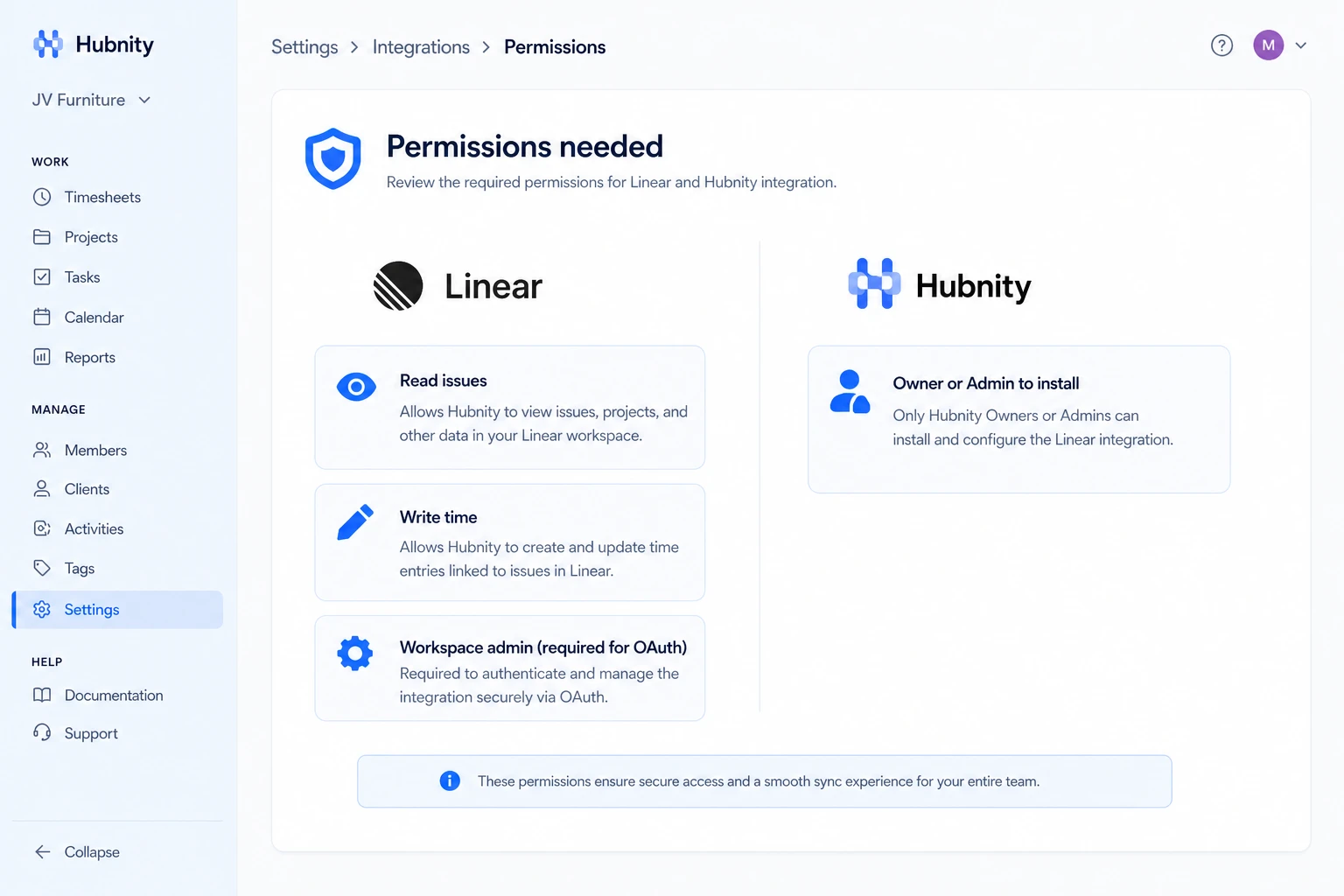 Permissions needed screenshot