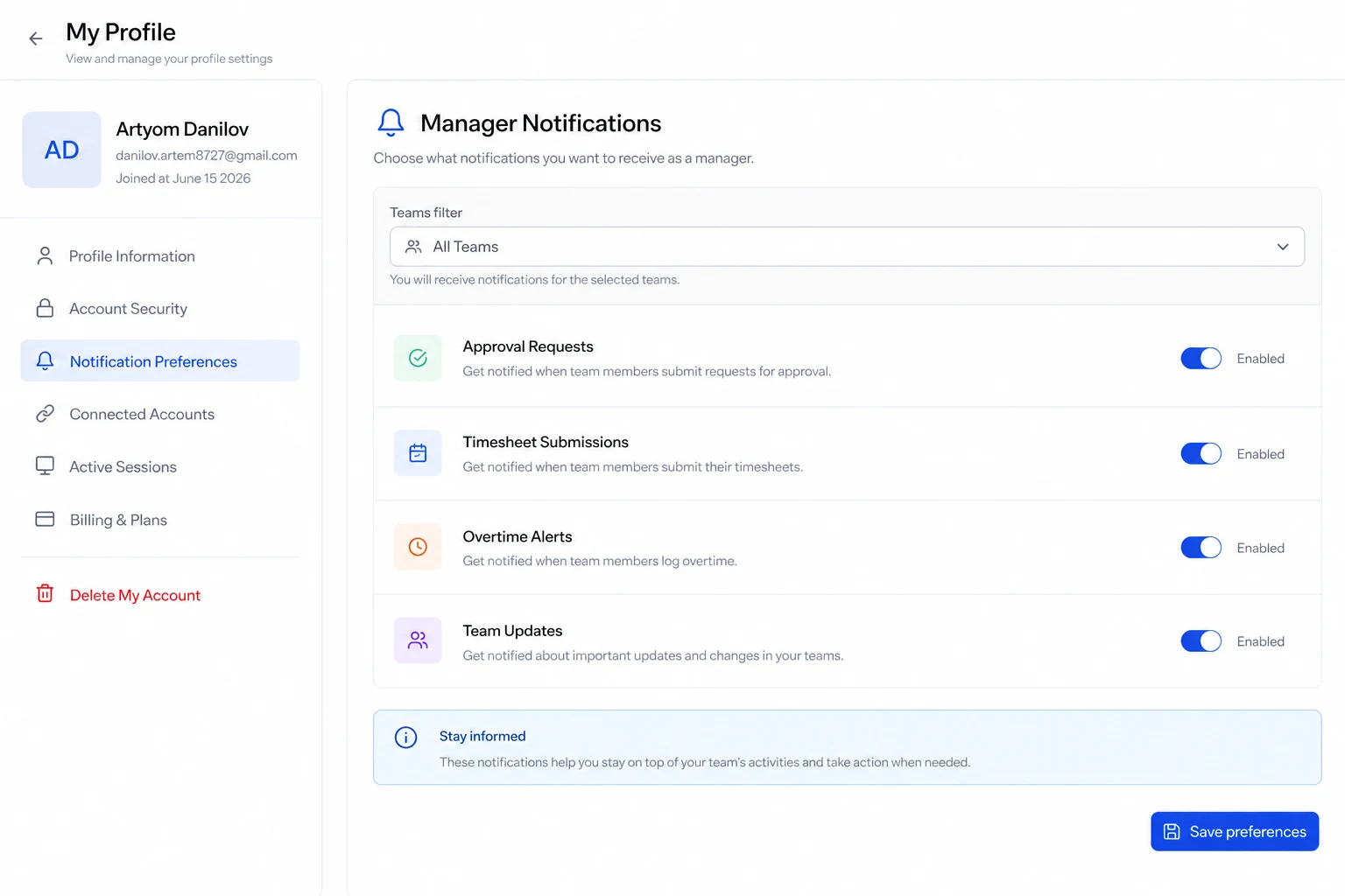 Manager notifications screenshot