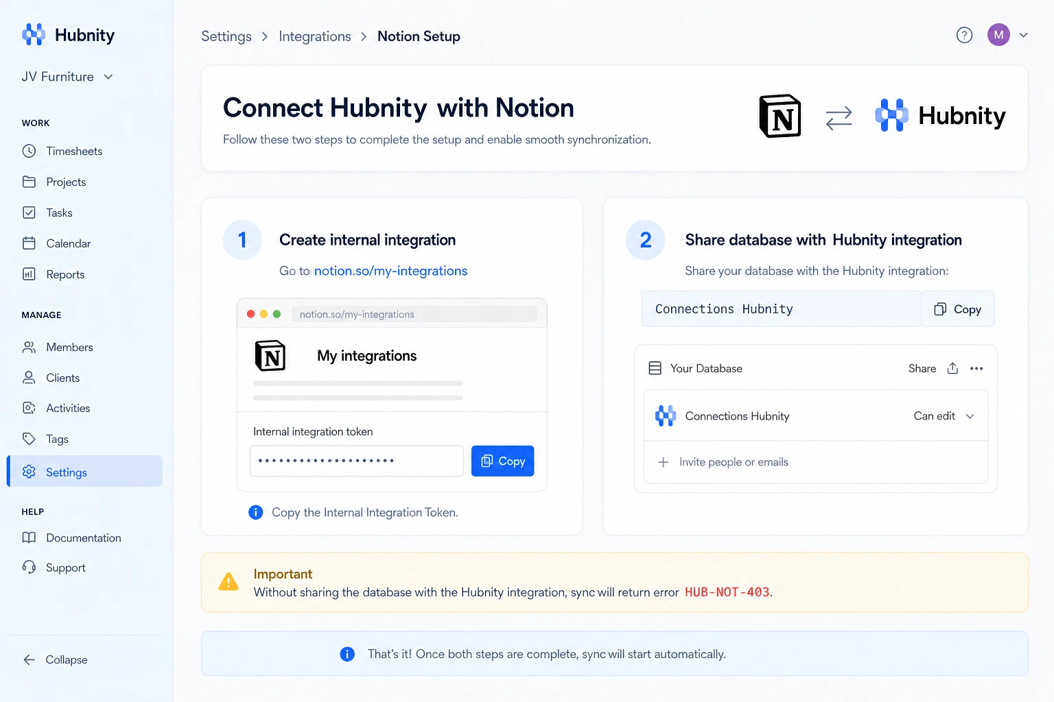 Notion setup requirements screenshot