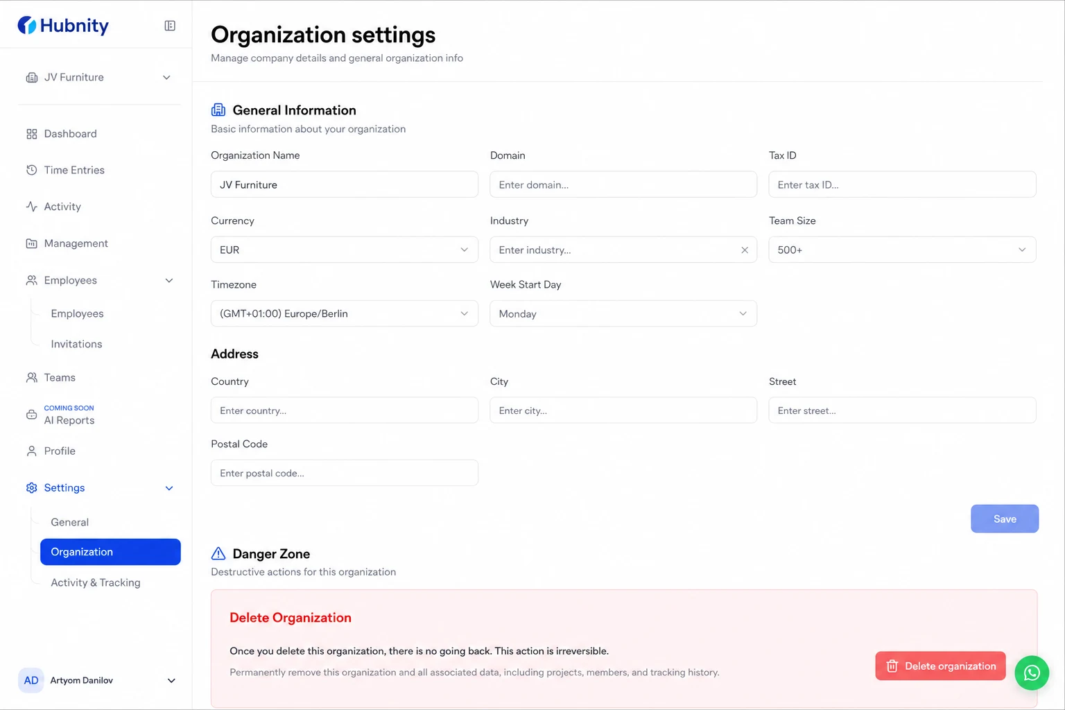 Organization setup screenshot