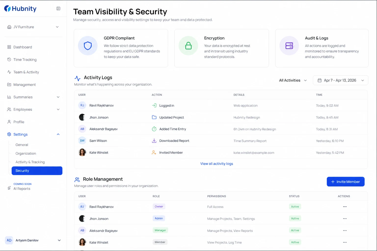 Team visibility and security screenshot