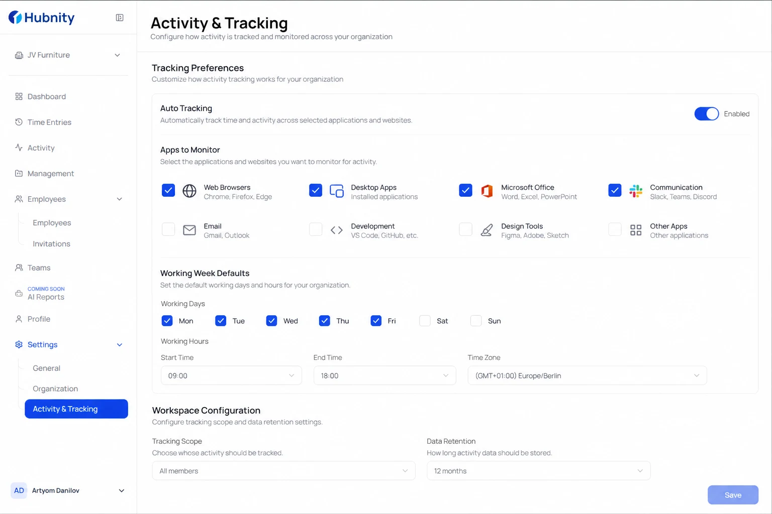 Workspace configuration screenshot