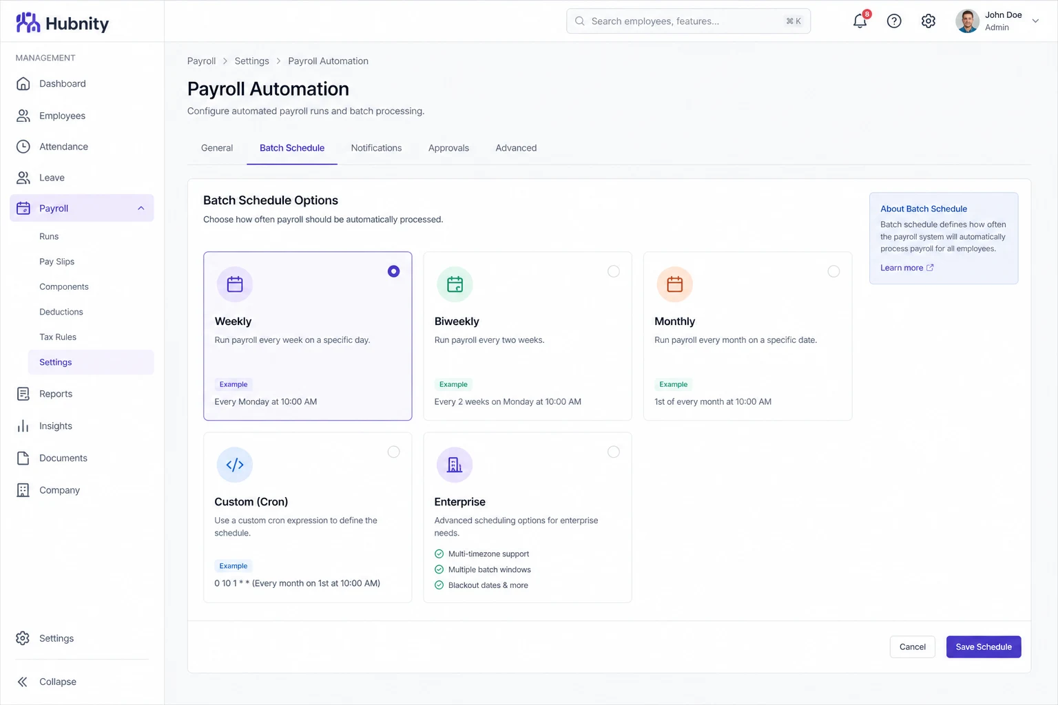 Batch schedule options screenshot