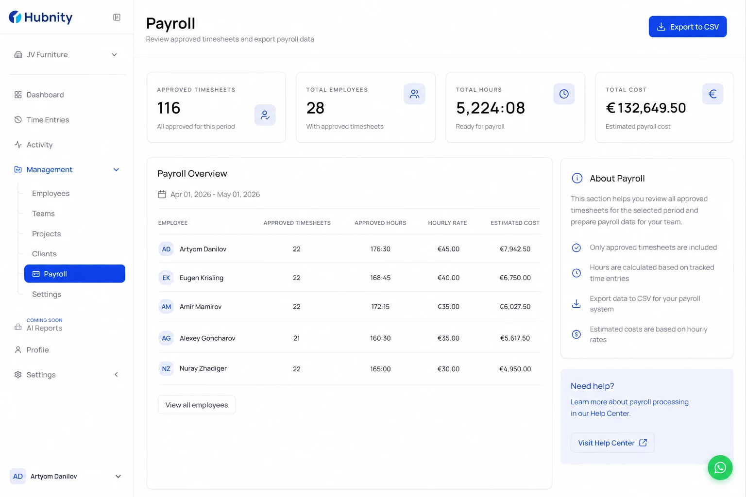 Payroll on hubnity.eu screenshot