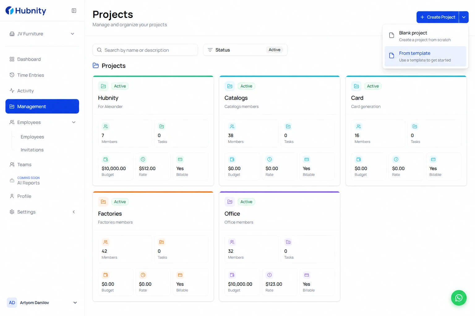 Create a project from a template screenshot