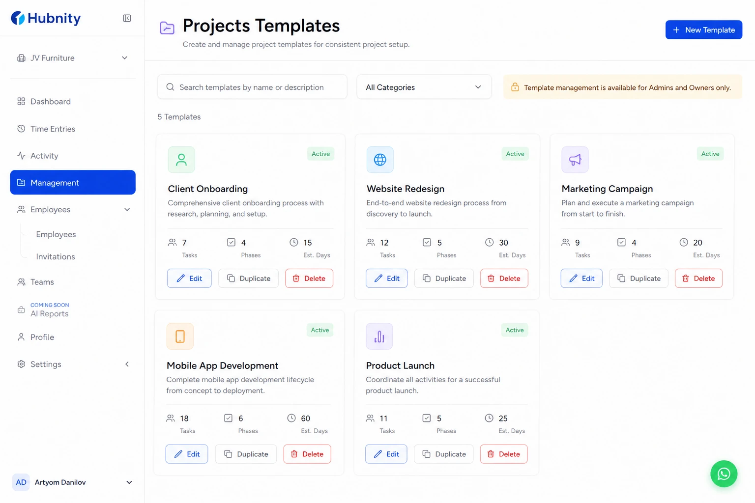 Template management screenshot