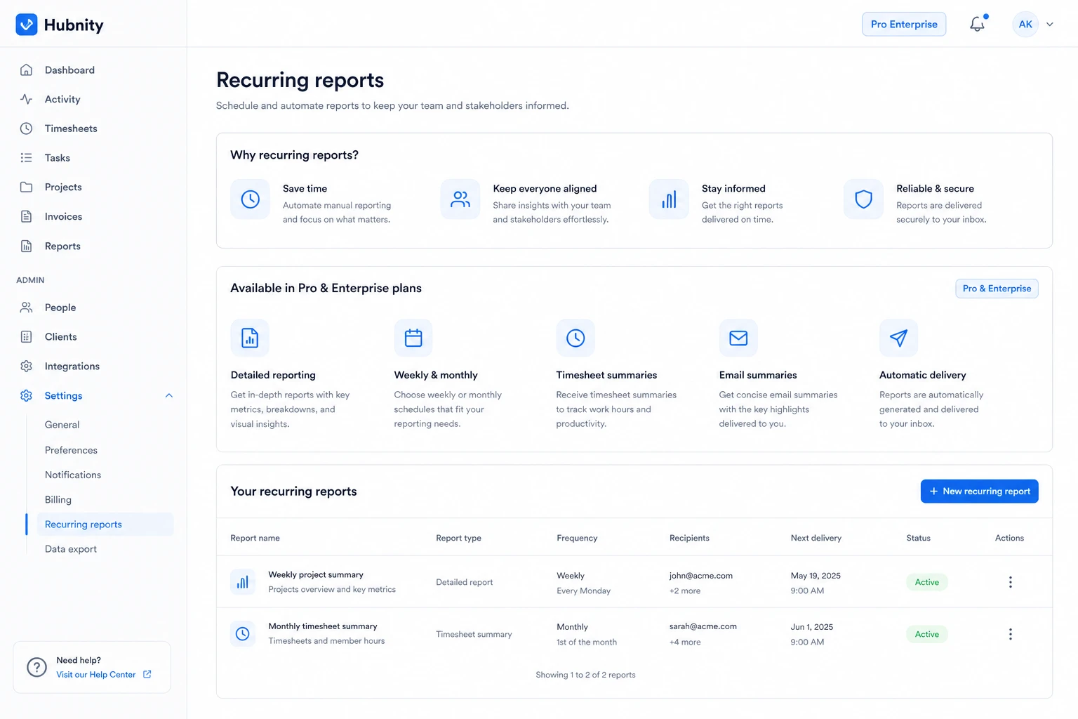 Recurring reports screenshot