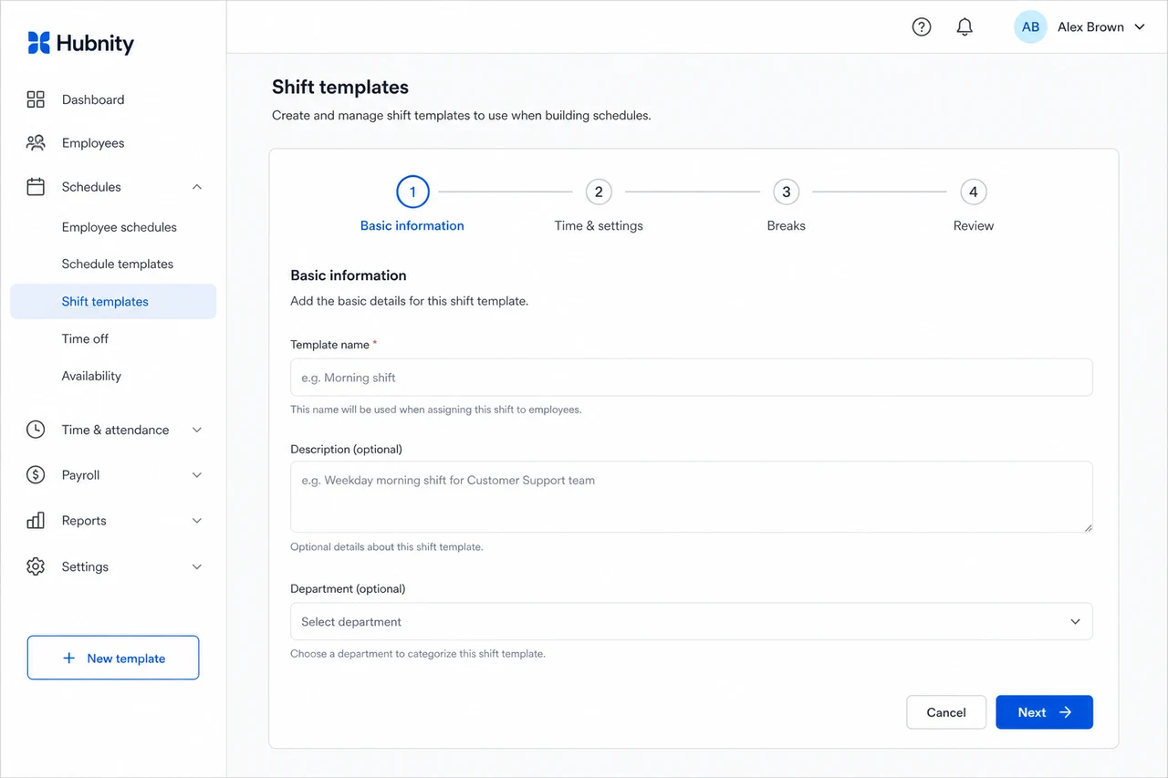 Create a shift template screenshot