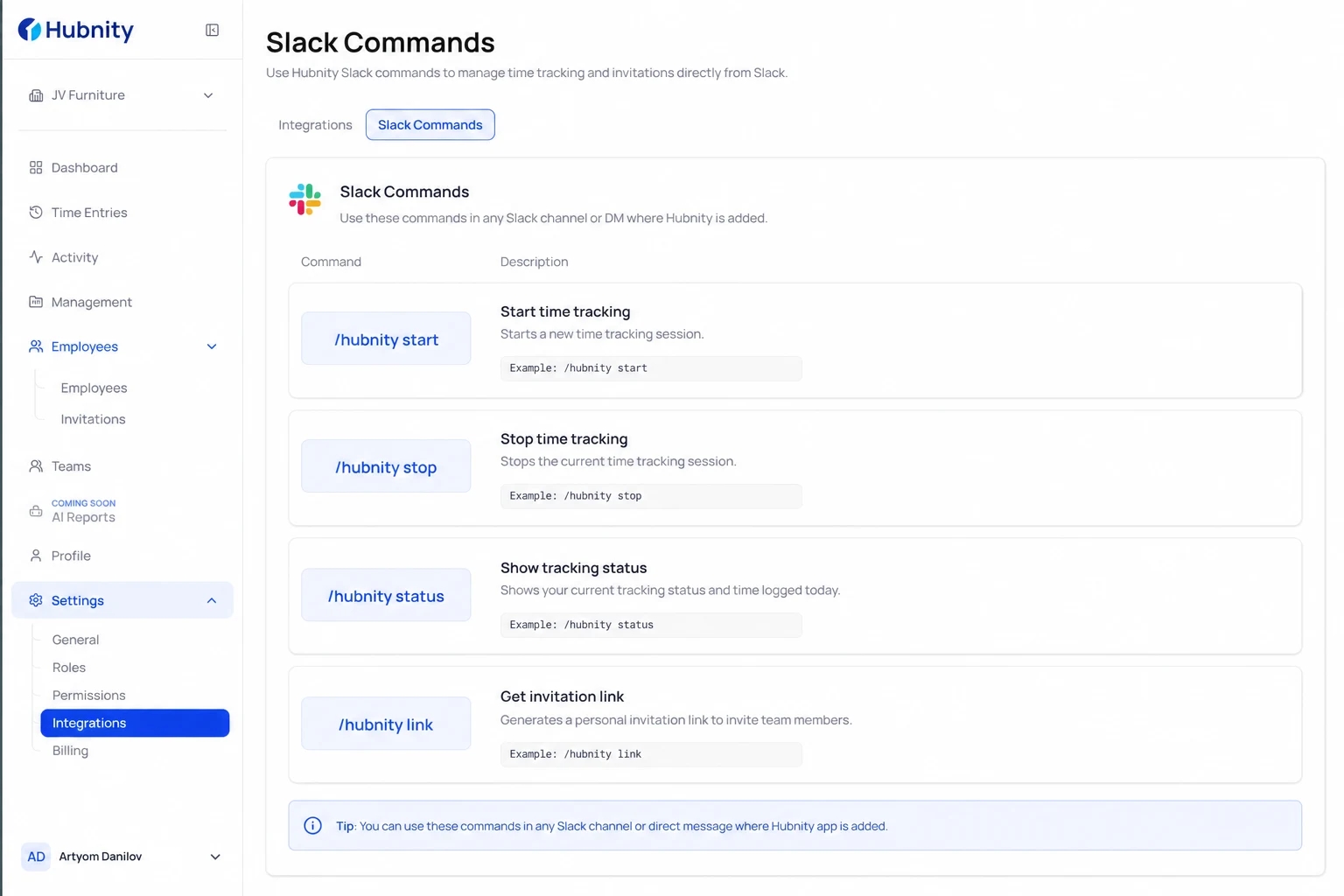 Slack commands screenshot
