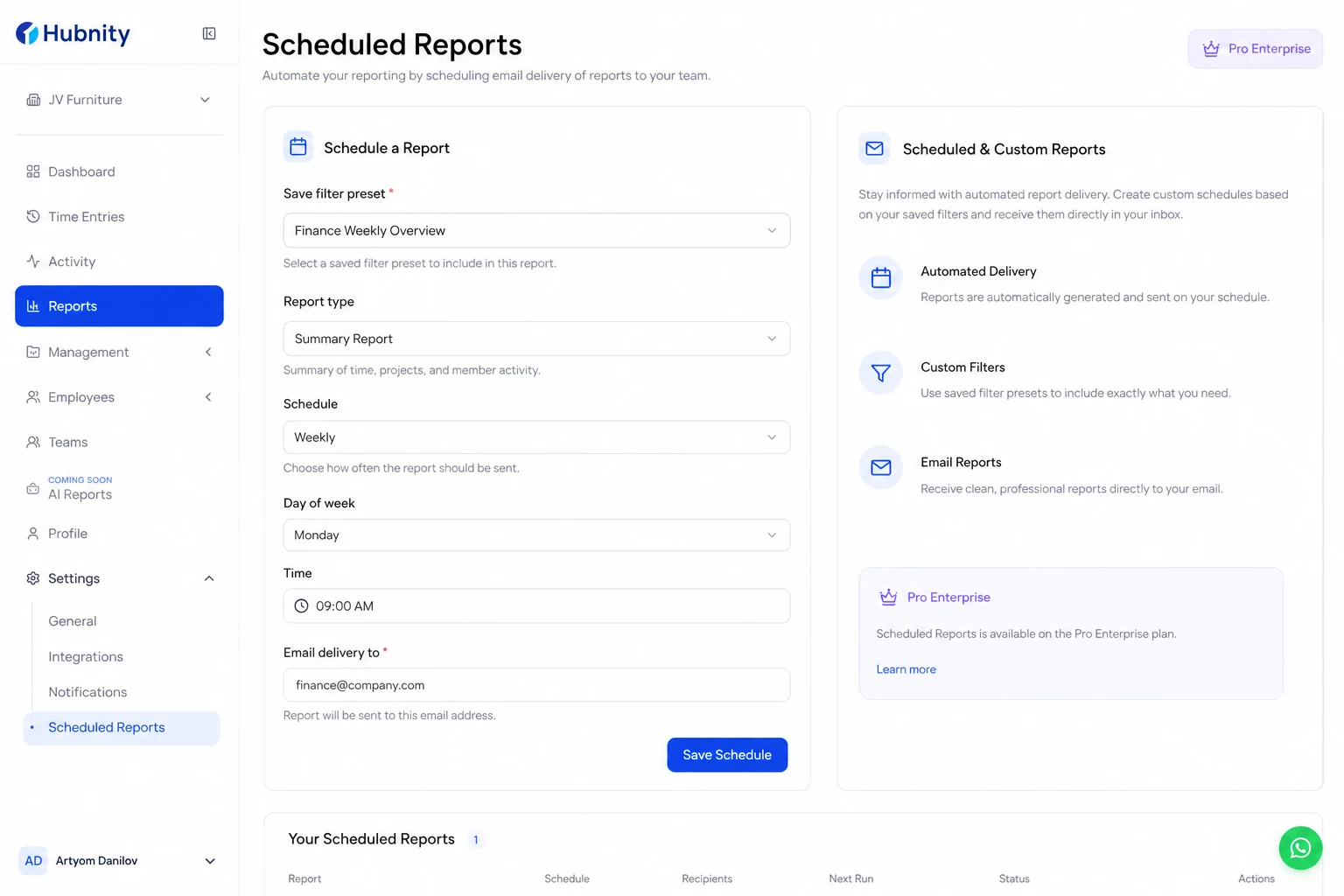Scheduled and custom reports screenshot