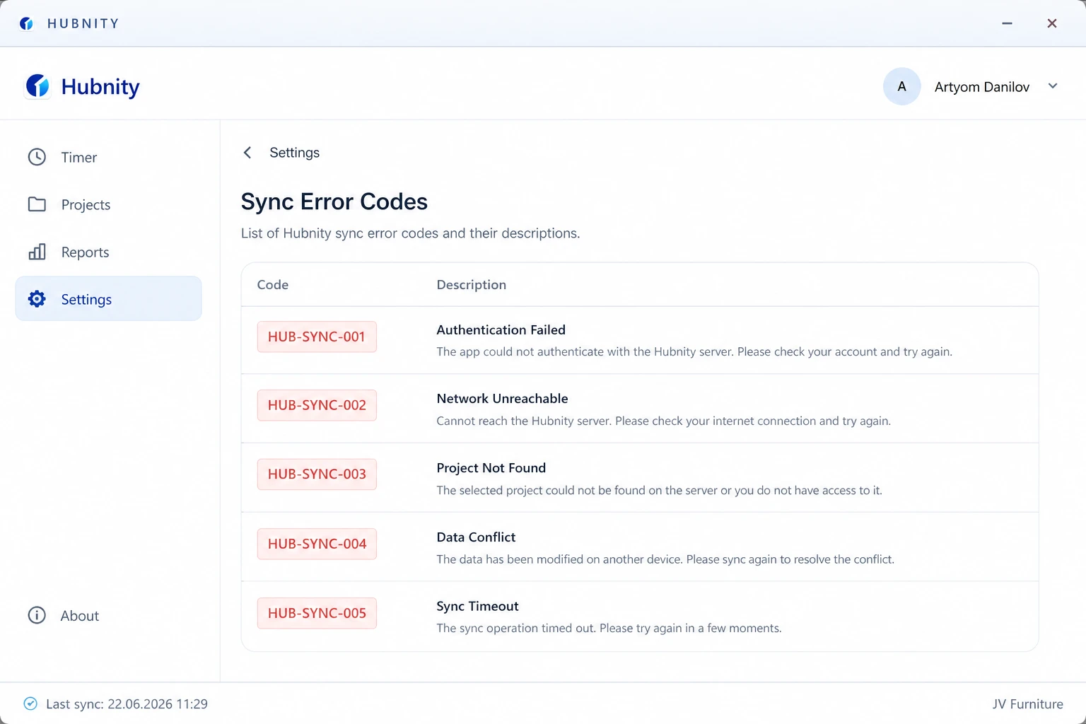 Error codes screenshot