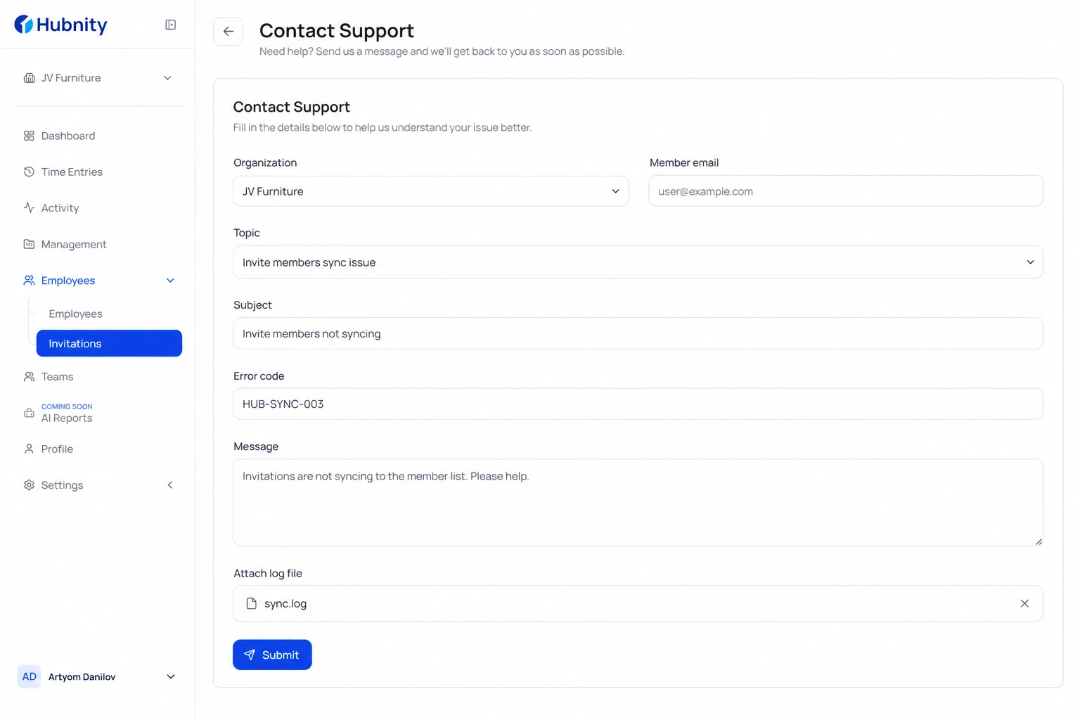 Escalation to support screenshot