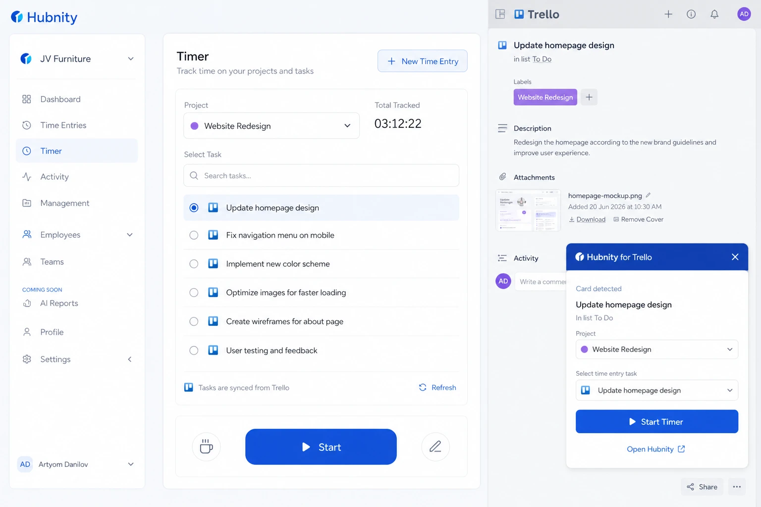 Tracking time on Trello cards screenshot