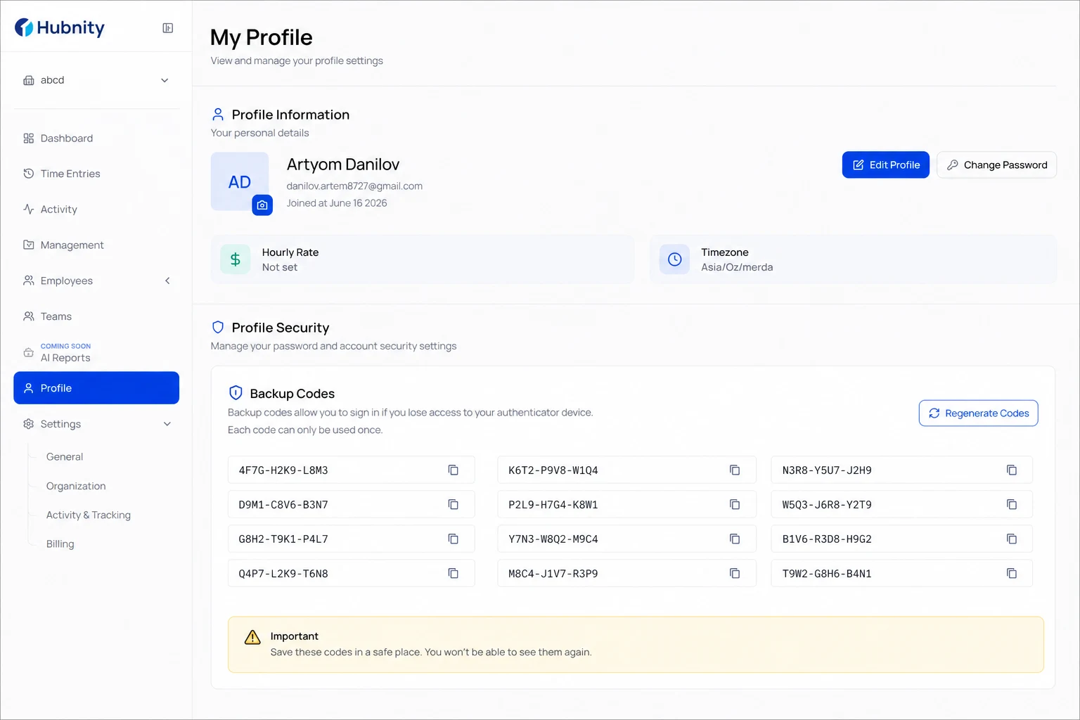 Backup codes screenshot