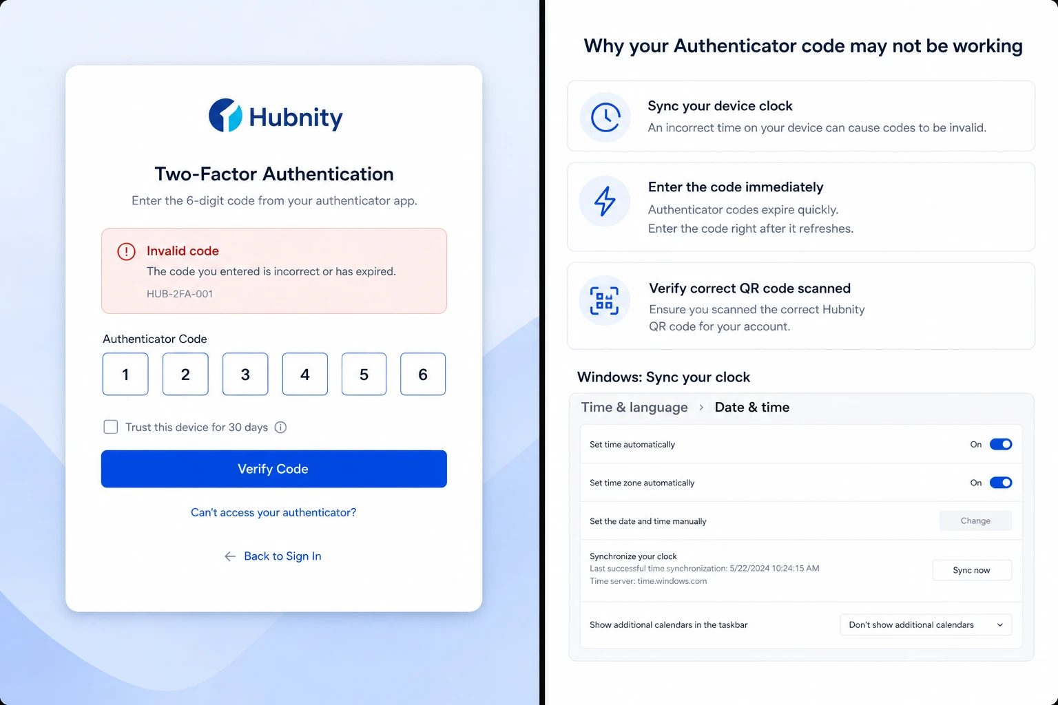 Authenticator code not working screenshot