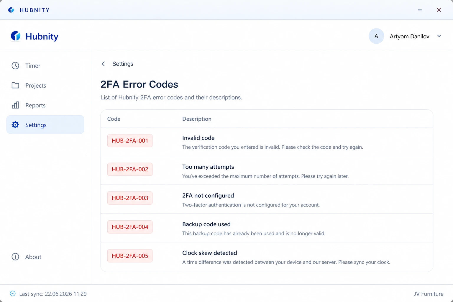 Error codes screenshot