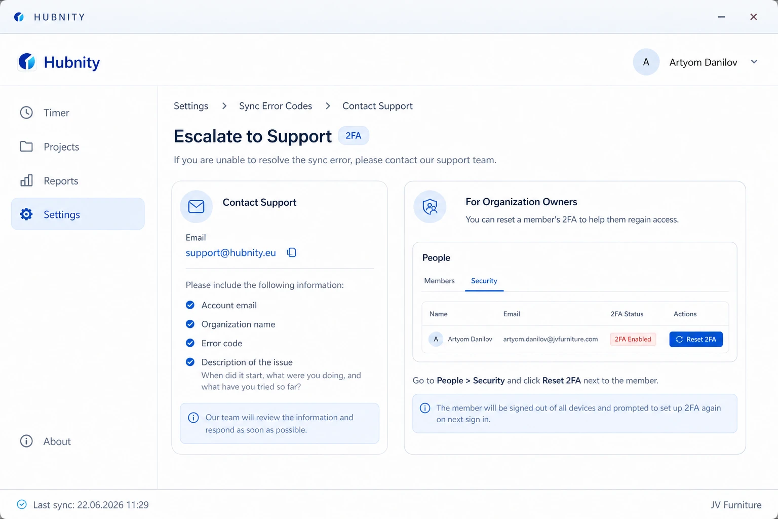 Escalation to support screenshot