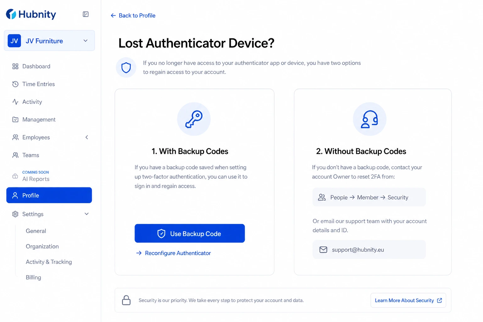Lost authenticator device screenshot