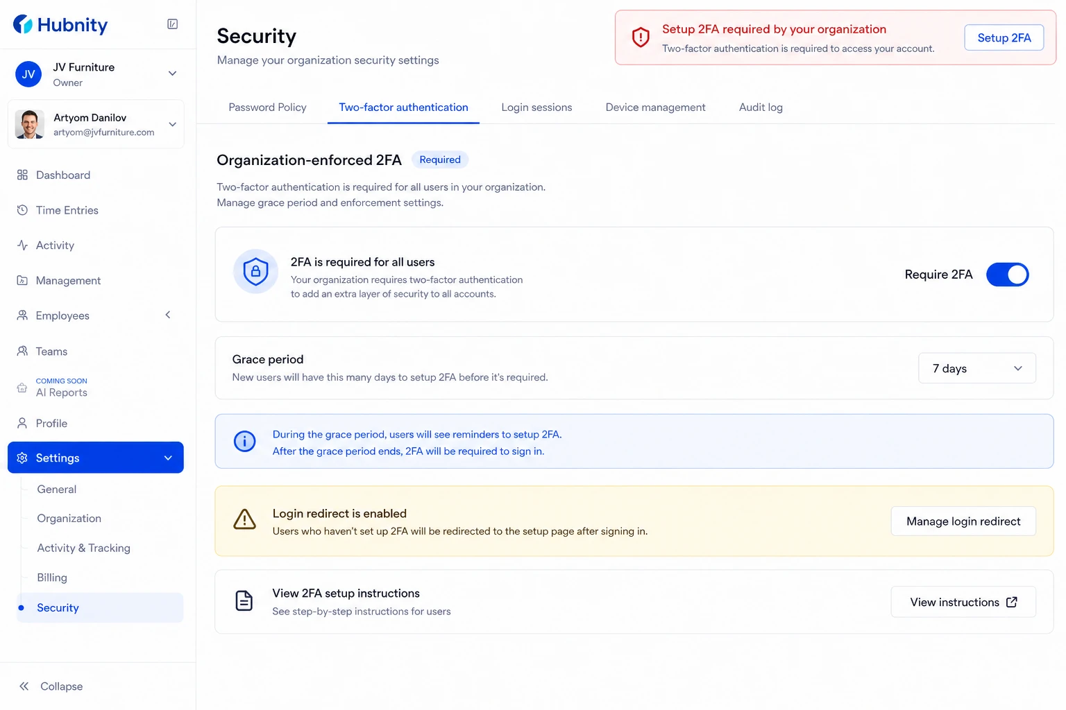 Organization-enforced 2FA screenshot