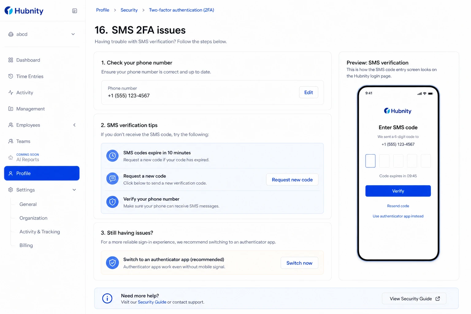 SMS 2FA issues screenshot