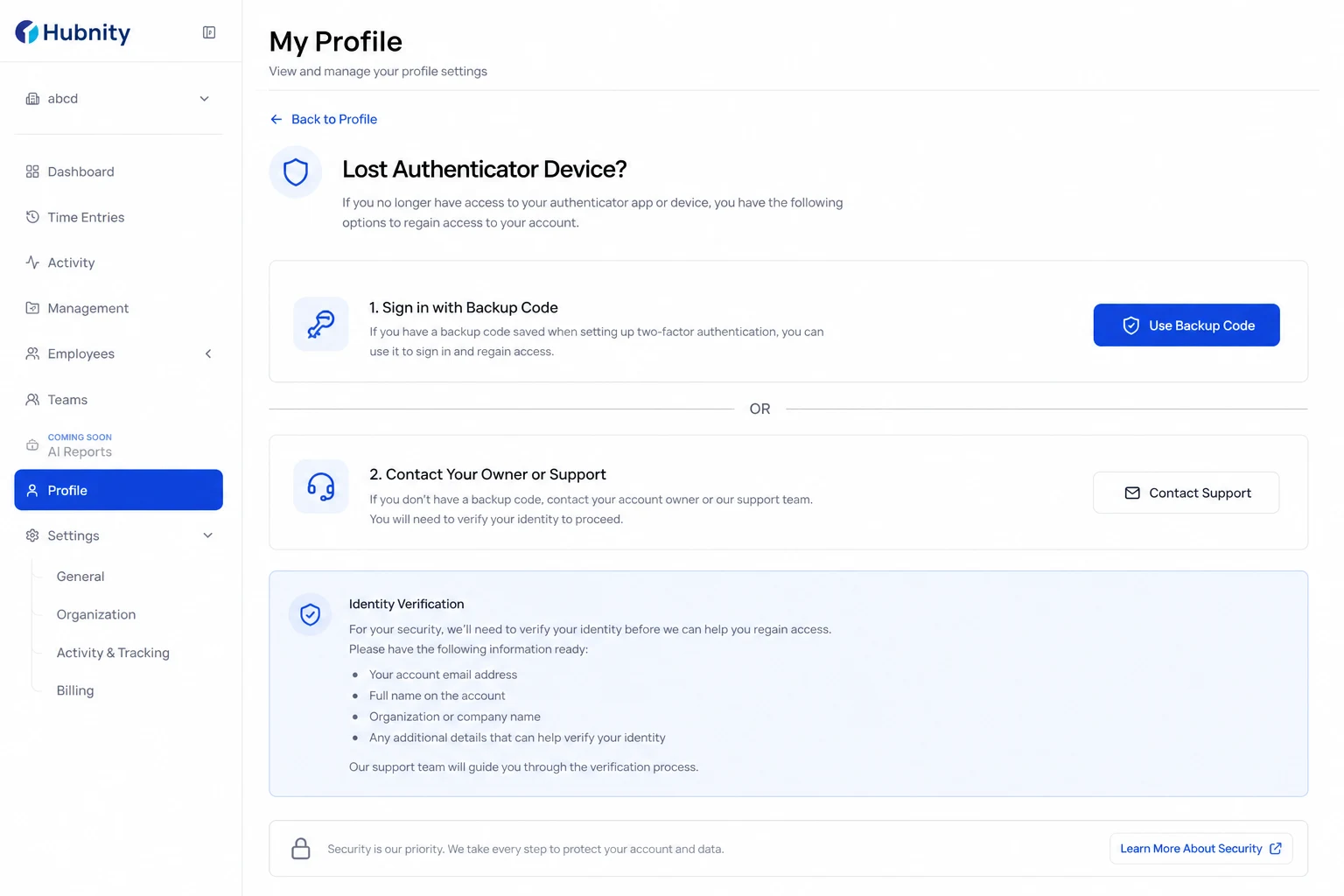 Lost authenticator device screenshot