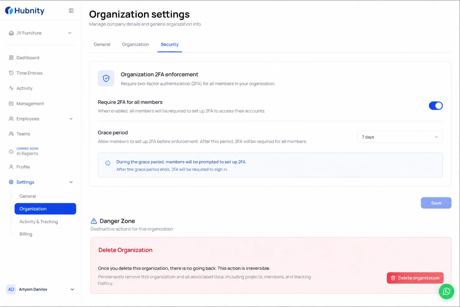 Organization 2FA enforcement screenshot