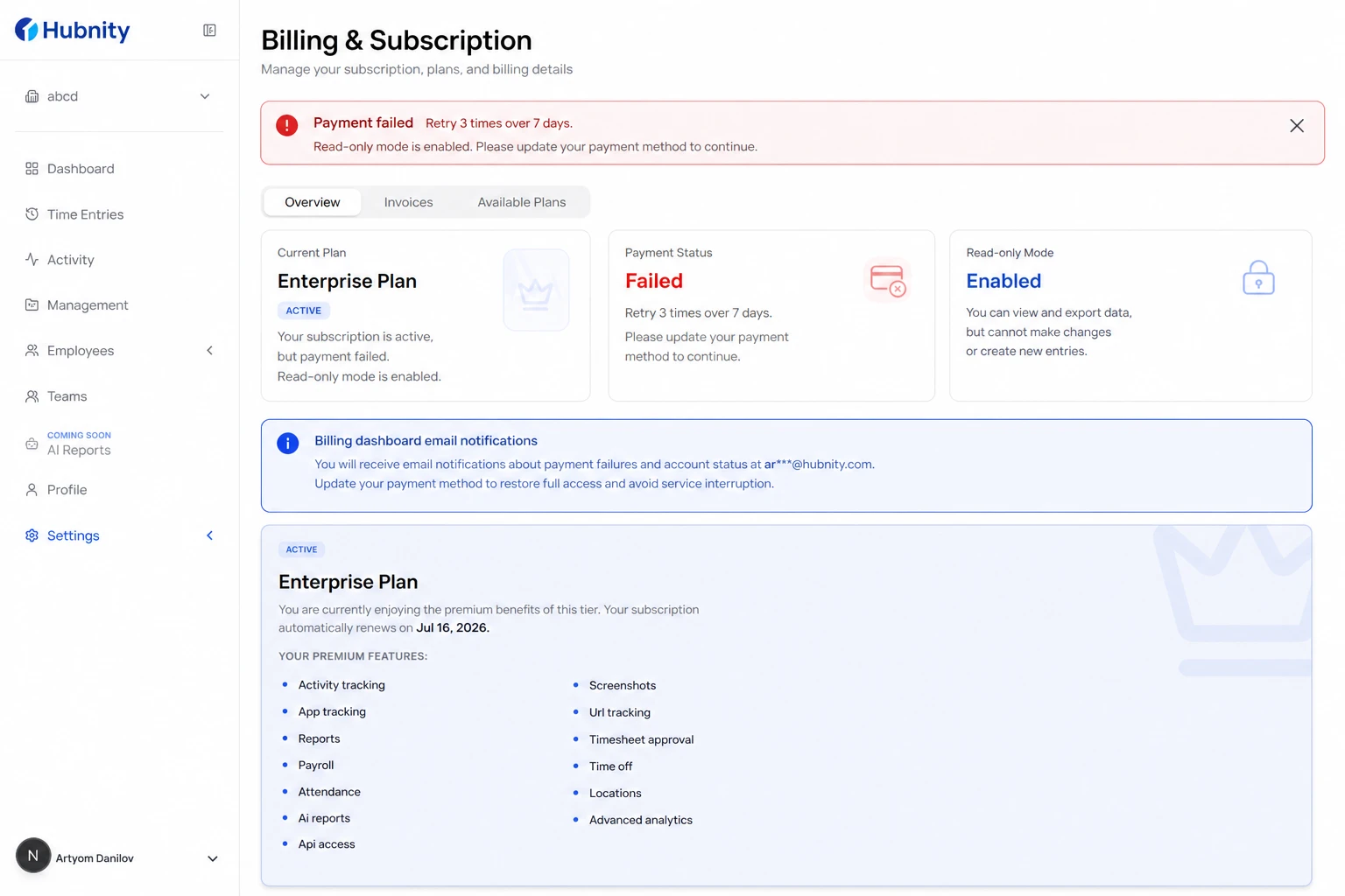 Failed payments screenshot