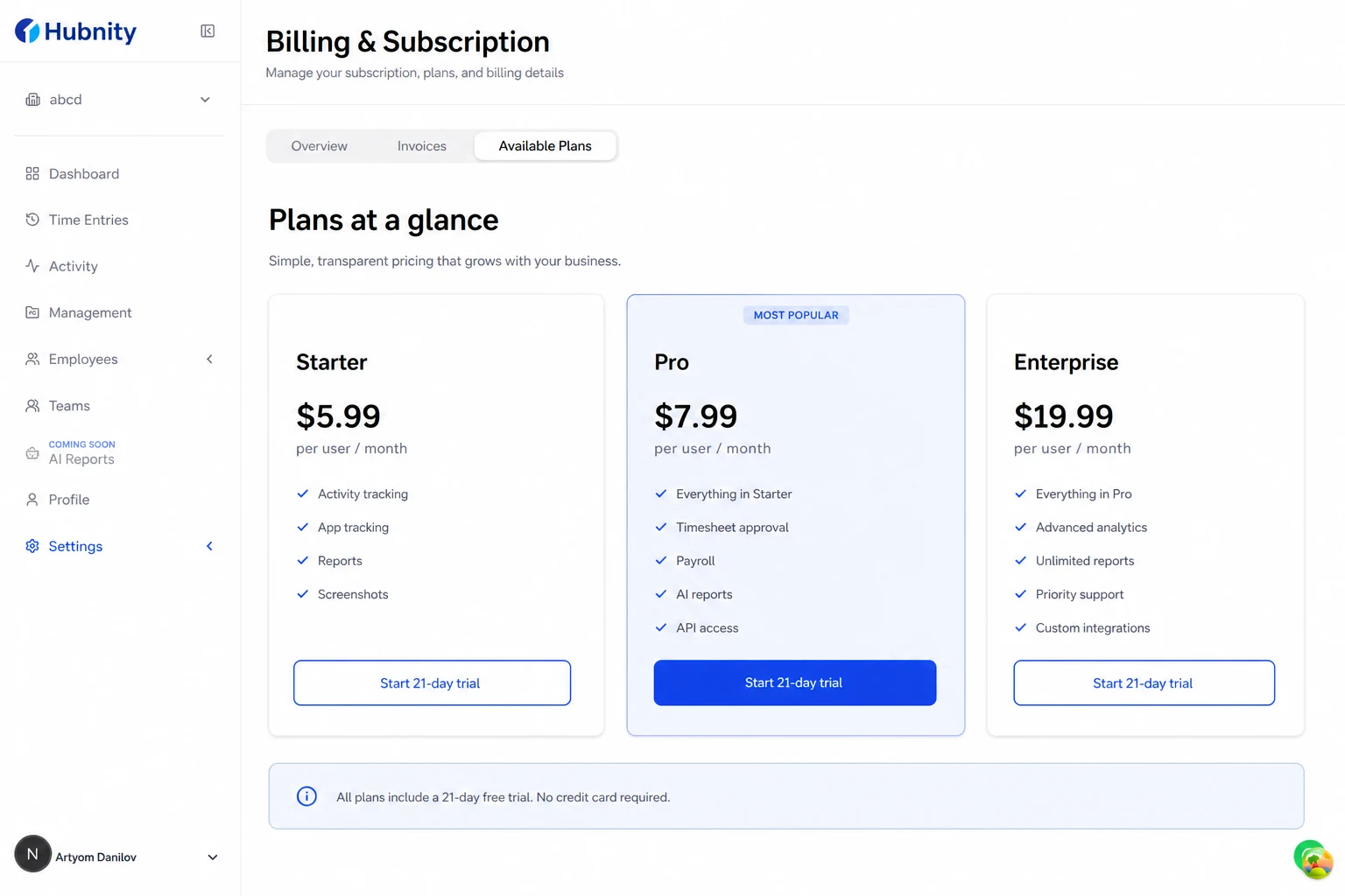 Plans at a glance screenshot